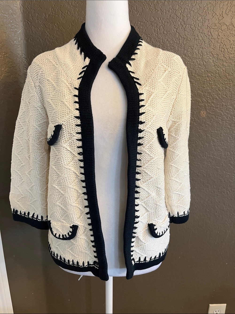 CAbi Cream and Black Open-Front Knit Cardigan